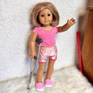 American Girl Doll with Pink Outfit with Crutch